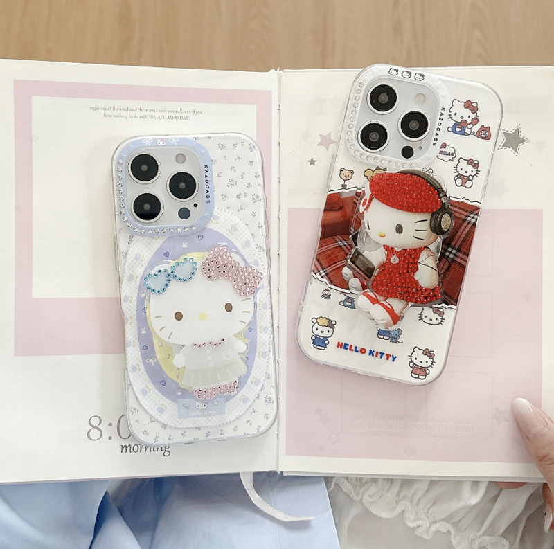 New High-End Pleated Two-In-One Earphones Kt Mobile Phone Case Plus Rhinestone Stand Suitable for Apple 15 and Apple 16
