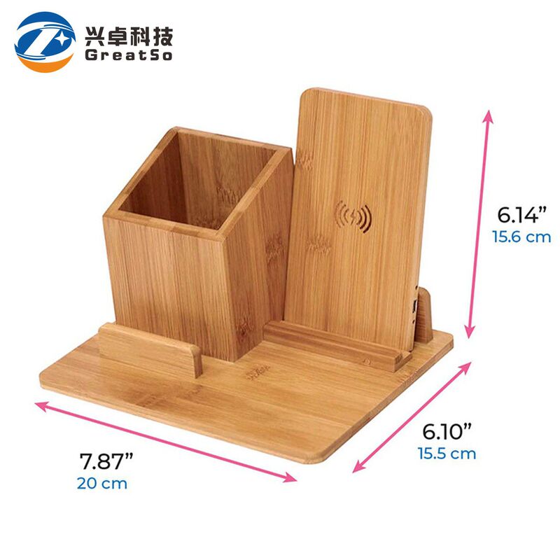 Desktop Bamboo Pen Holder with Wireless Charging 15W and Phone Stand, with Pen Holder Storage Box