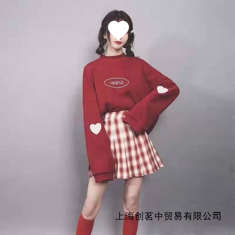单件/套装 秋季韩版宽松卫衣+格子百褶半身裙小个ins两件套女学生