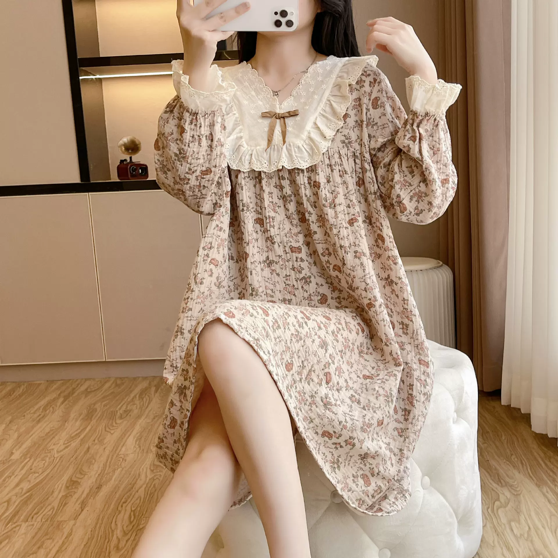 睡裙女士春秋季长袖纯棉绉布全棉薄款夏季花边可爱蕾丝睡衣居家裙