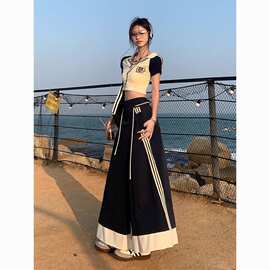 学院蓝高腰设计感拼接半身裙女2024春秋a字中长裙