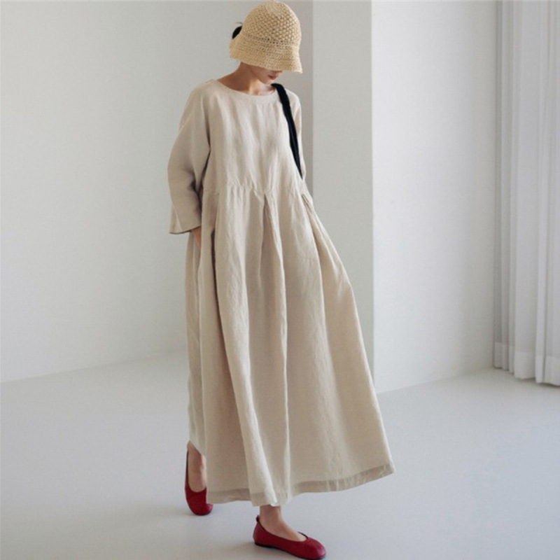 Loose plus size dress Women's chubby girl Japanese Style Korean Style Cotton Linen Round Neck Pullover Solid Color Over-the-Knee Long Dress Large Swing Dress