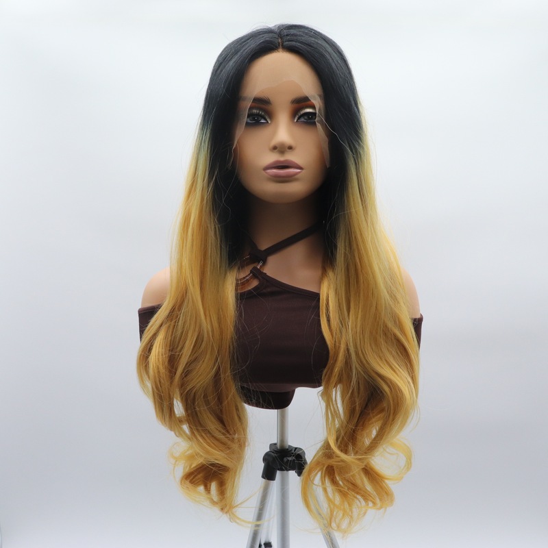 Cross-Border Foreign Trade Wig for Women, Hand-Tied Lace Front, Gradient Golden Color, Large Wavy Long Curly Hair, Full Synthetic Fiber Wig