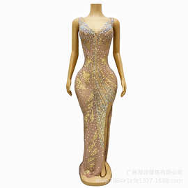 跨境演出服开叉气质优雅晚装生日派对车展模特明星红毯走秀礼服