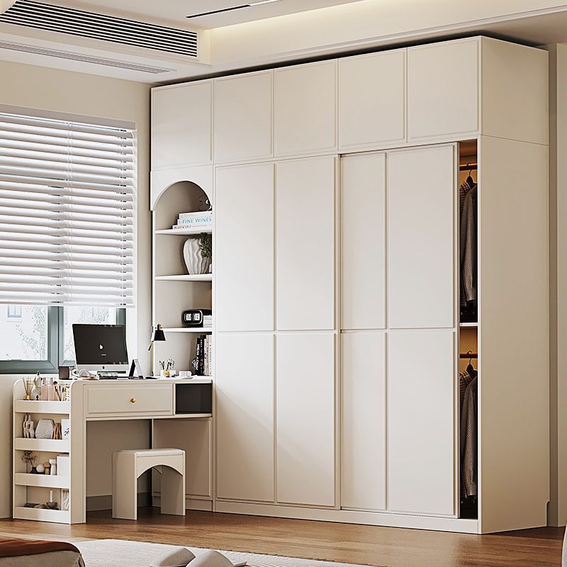 Sliding Door Wardrobe and Desk Combo for Small Apartments, Cream-Style Bedroom Storage Cabinet, Ready-Made Sliding Door Wardrobe Sliding Door Wardrobe and Desk Combo for Small Apartments, Cream-Style Bedroom Storage Cabinet, Ready-Made Sliding Door Wardrobe