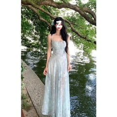 フレンチビーチリゾートスタイルの花柄サスペンダードレス夏の新しい気質ウエスト痩身妖精ロングスカートトレンディ