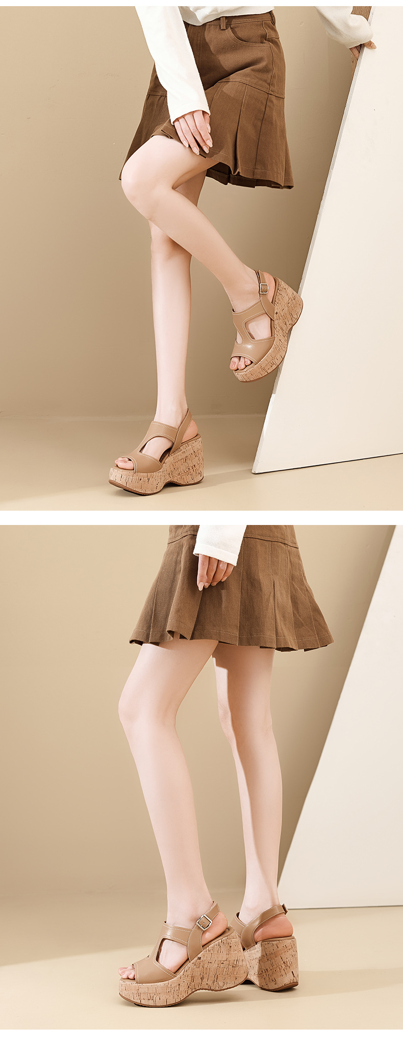 Sandal cao gót nữ đế platform hở mũi da thật gót 10 cm phong cách La Mã — màu đen, màu nâu nhạt chi tiết 10