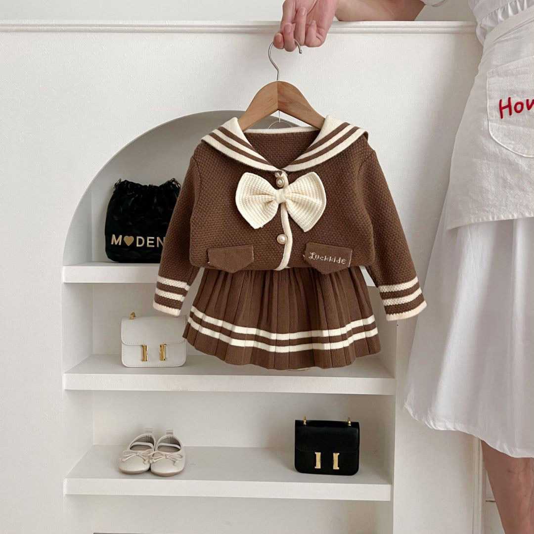 Girls' Sweater 2023 Autumn/Winter New College Two Piece Set Navy Style Korean Knitted Bow Skirt_voghion.com