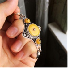 尼泊尔风格银饰手工镶嵌蜜蜡手镯黄色碧玺手镯开口气质民族风手镯