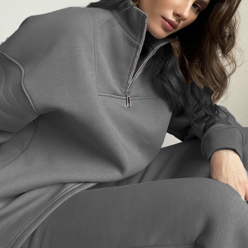 Vêtements pour femmes, sweat-shirt en coton de couleur unie, combinaison à fermeture éclair et pantalon de sport ample en velours pour femmes_voghion.com
