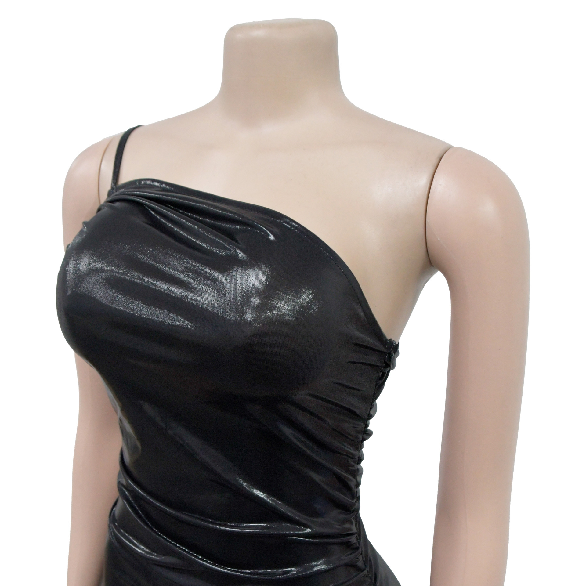 Metallic Coated Fabric Women Wear Solid Color Sexy Sling Diagonal Collar Pleating Dress 13 Metallic Coated Fabric Women Wear Solid Color Sexy Sling Diagonal Collar Pleating Dress