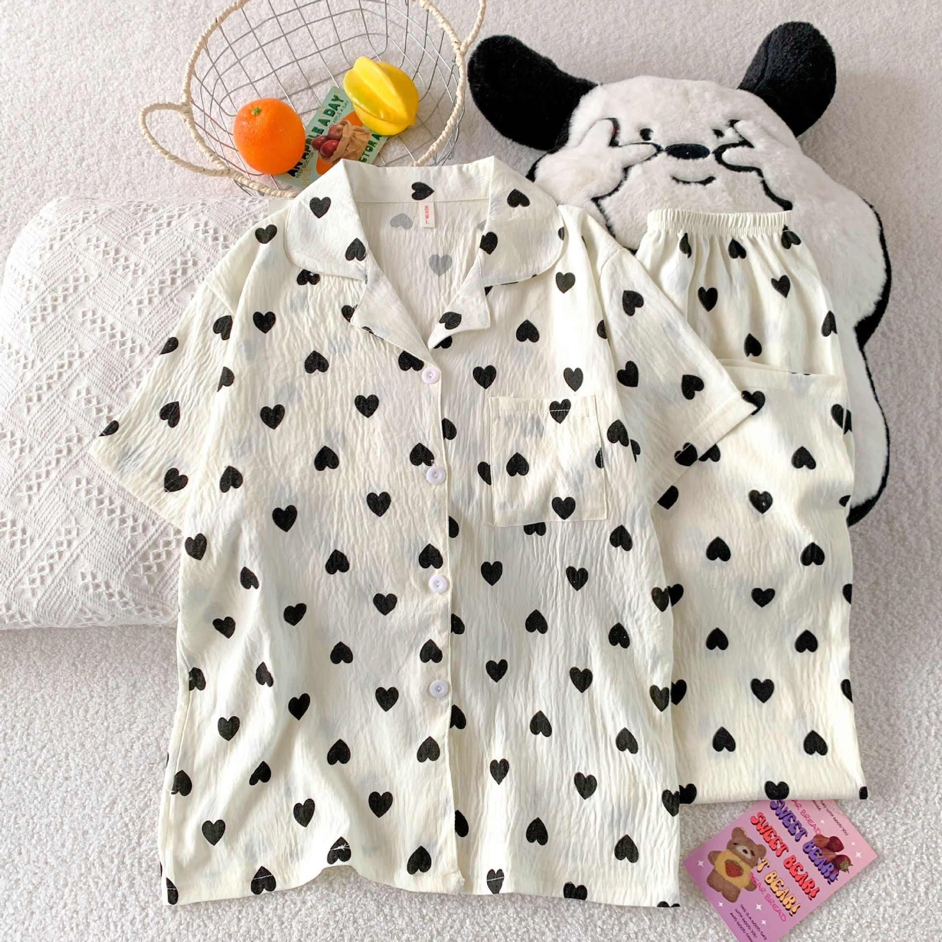 Volumen de carrera transfronterizo verano nuevo pijama amor de las mujeres pantalones cortos largos de manga corta traje de tres piezas de algodón nube ropa de hogar se puede usar afuera
