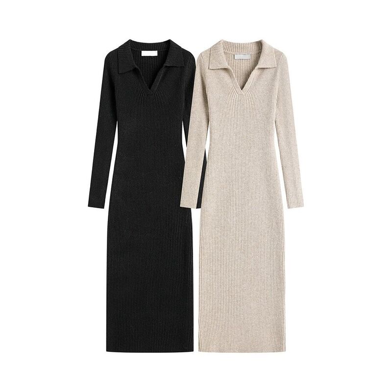 Elegant and Slim-Fitting Knitted Dress for Women, Autumn and Winter Coat with Hip-Hugging Long Skirt, Black and Gray Elegant and Slim-Fitting Knitted Dress for Women, Autumn and Winter Coat with Hip-Hugging Long Skirt, Black and Gray
