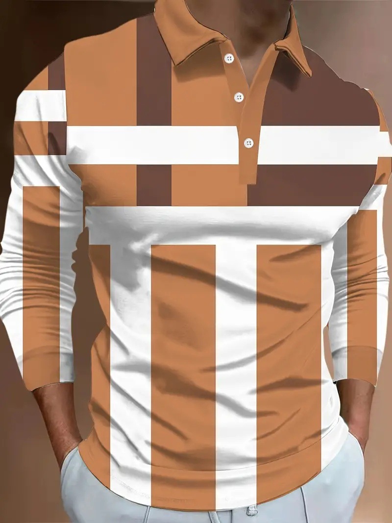 Color de contraste geométrico simple impresión 3D hombres primavera y otoño negocio suelto manga larga transpirable botón cuello POLO camisa en stock
