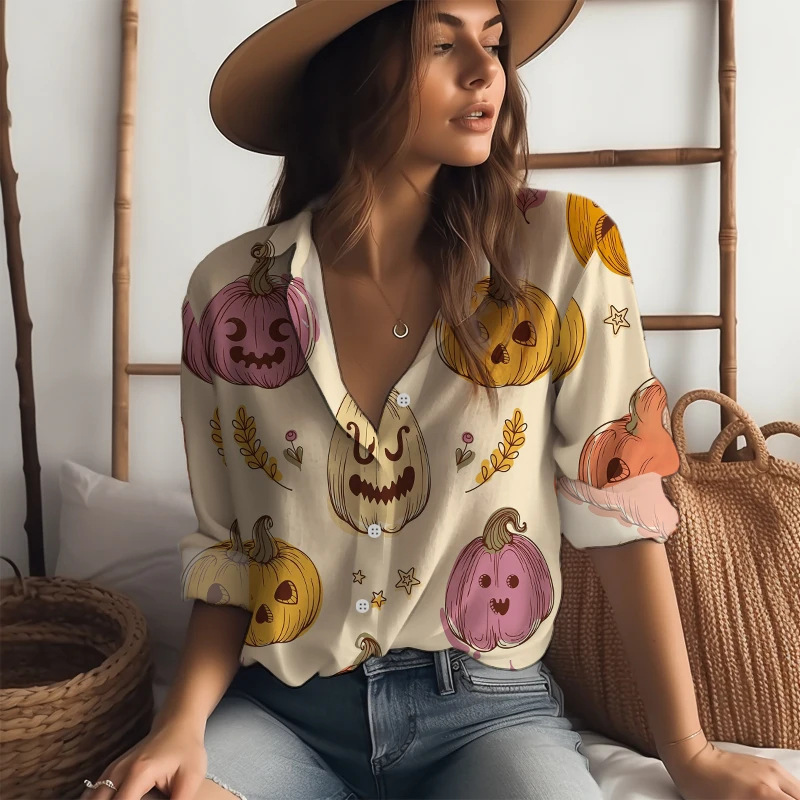 Independent station TUME explosion new ladies 3D digital printing shirt pumpkin Halloween series long sleeve shirt Independent station TUME explosion new ladies 3D digital printing shirt pumpkin Halloween series long sleeve shirt