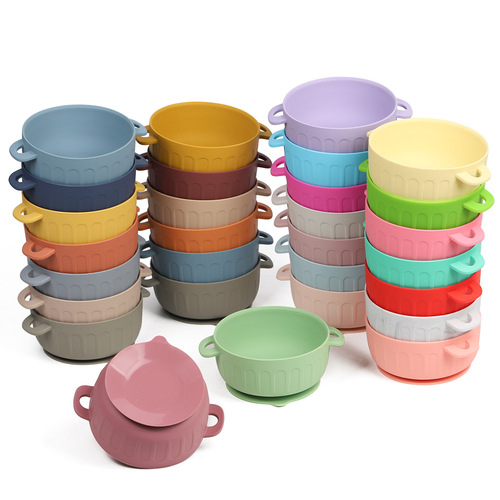 Set of 5 Children's Silicone Tableware: Bib, Suction Bowl, Wooden-handled Spoons and Forks - Baby Eating Silicone Bowl, Spoons and Forks