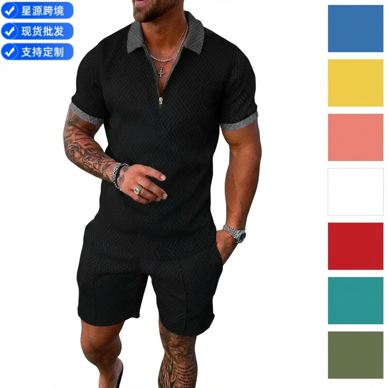 Independent Website European and American Cross-Border New Men's Printed Polo Shirt Set with Turn-Down Collar Short-Sleeve Pullover Casual Men's T-Shirt