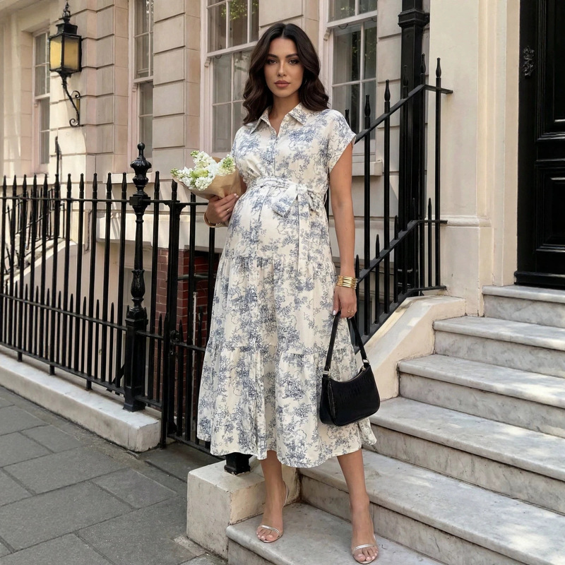 European and American Foreign Trade Maternity Wear, Elegant Printed Shirt Dress with Belt, Short-Sleeve, Large Hem Dress European and American Foreign Trade Maternity Wear, Elegant Printed Shirt Dress with Belt, Short-Sleeve, Large Hem Dress