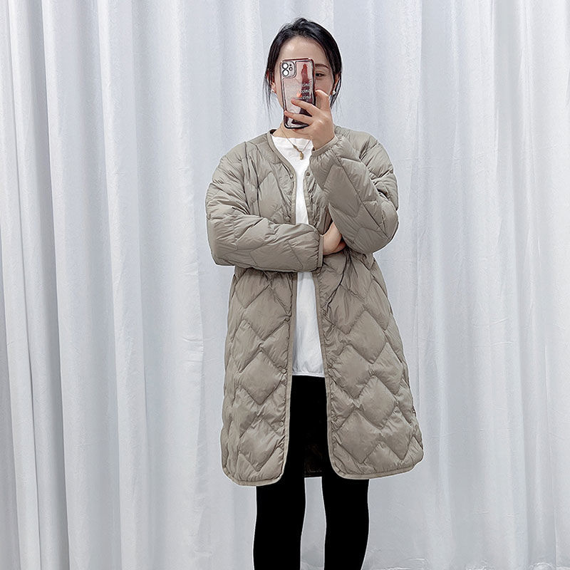 Nuevo otoño y invierno plumón chaqueta de mujer ligera media larga V-cuello redondo cuello interior de la chaqueta de abrigo