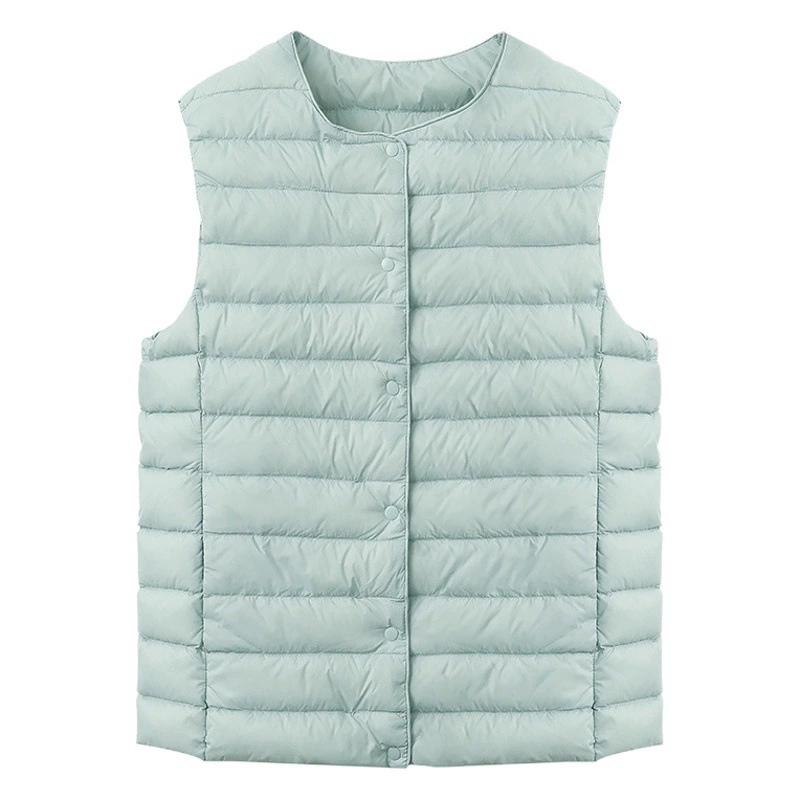 Новая женская пуховая жилетка осень 2025, без воротника, легкая, теплая, приталенная, легко сочетается, с круглым вырезом, подкладка.