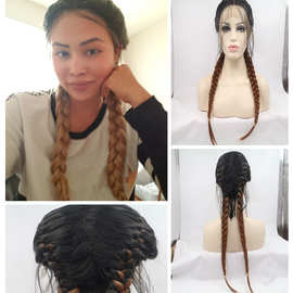 亚马逊速卖通渐变麻花双马尾辫子假发手钩前蕾丝化纤日常整顶头套