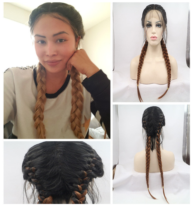 Amazon AliExpress Gradient Twist Double Pony Tail Braid Wig Hand Hook Front Lace Chemical Fiber Daily Full Top Headgear