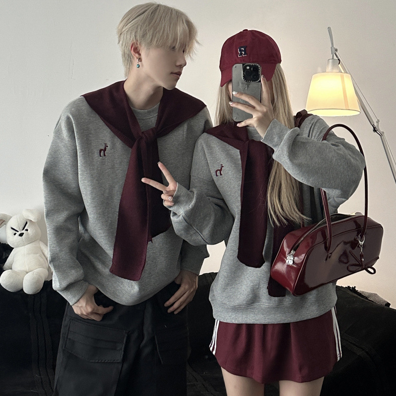 2025 Autumn Couple Wear Casual Embroidery Men's and Women's Trendy Round Neck Sweatshirt Casual Skirt Women's Suit
