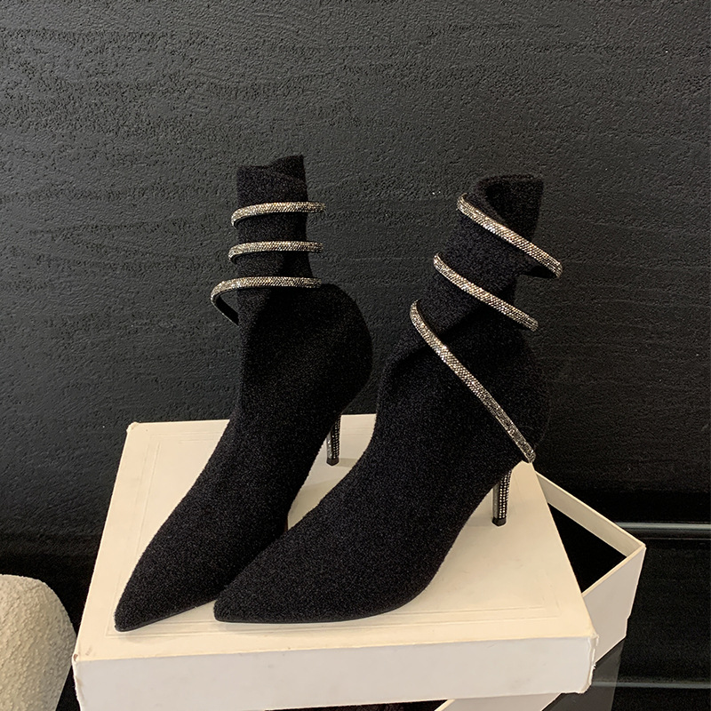 2025 Autumn/Winter New Pointed-toe Rhinestone Short Black High-heeled Elastic Knitted Slim-fit Sock Boots, Designed Exclusively For Women._voghion.com