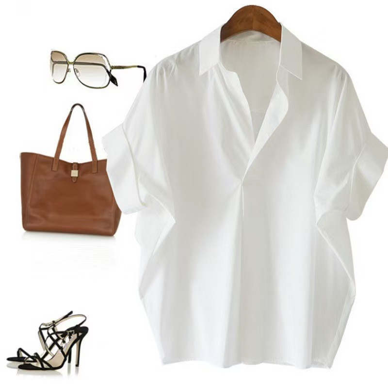 Retro Hong Kong Style Short-Sleeved Shirt for Women Summer New Style Versatile White Shirt Loose Bat Sleeve Collar Top Retro Hong Kong Style Short-Sleeved Shirt for Women Summer New Style Versatile White Shirt Loose Bat Sleeve Collar Top
