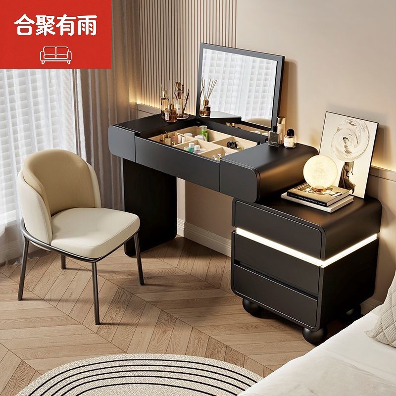 화장대와 서랍장이 통합된 크림 스타일의 두꺼운 소형 새 플립업 화장 거울 단단한 나무 접이식 화장대