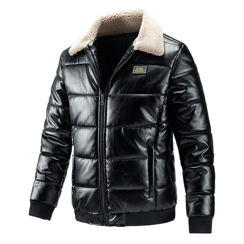 Transfronterizo PU abrigo de cuero de los hombres forrados de lana engrosada capa de algodón acolchado abrigo de solapa de lana de cordero de la motocicleta abrigo de los hombres Chaqueta de algodón acolchado al por mayor