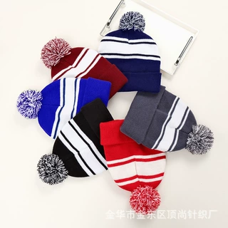 定制欧美大头围保暖帽提花帽男女针织帽户外拼色毛球跨境针织帽