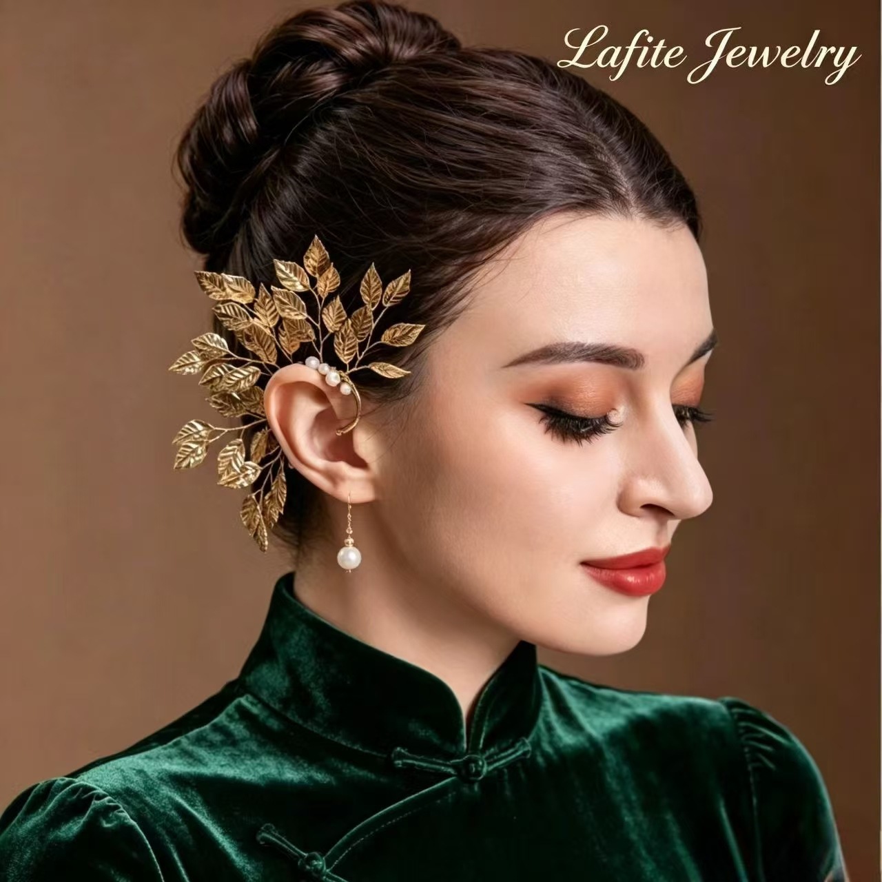 Vintage Gold Leaf Ear Clips, Non-Pierced Pearl Earrings, Bridal Wedding Dress Style Earrings Accessories Wholesale