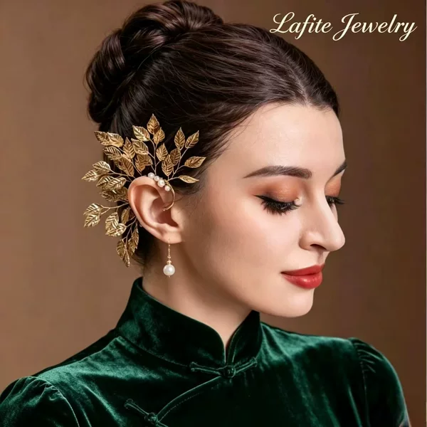 Vintage Gold Leaf Ear Clips, Non-Pierced Pearl Earrings, Bridal Wedding Dress Style Earrings Accessories Wholesale