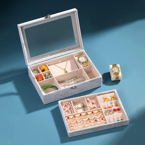 Double-layer transparent jewelry box, ring box, necklace, earrings, earring box, bracelet, watch box, velvet jewelry storage box