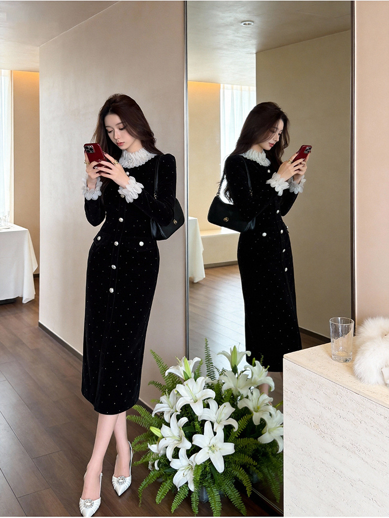 Đầm ôm body nữ thiết kế cổ tròn cánh hoa, cúc đơn, eo thon — đen chi tiết 5
