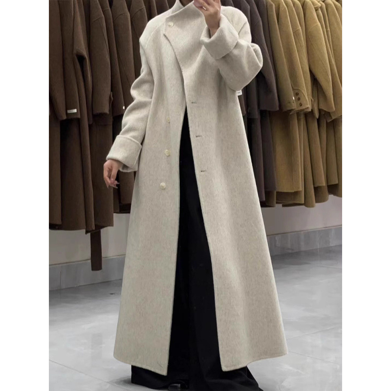 High-grade stand collar double-sided wool coat women's 2024 autumn and winter lace-up waist design long wool coat