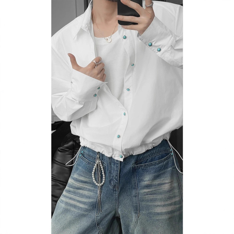 Turquoise Button White Short Waisted Long-Sleeved Shirt Men's Simple Casual Versatile High-End Shirt Jacket