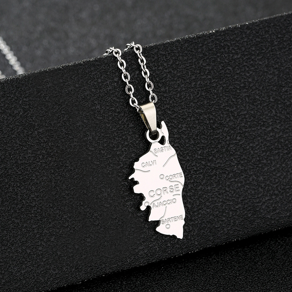 Stainless Steel French Corsica City Glossy Faceted Pendant Necklace