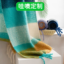 定制马海毛格子围巾高级感女秋冬情侣韩系秋冬蓬松大拉毛围脖批发
