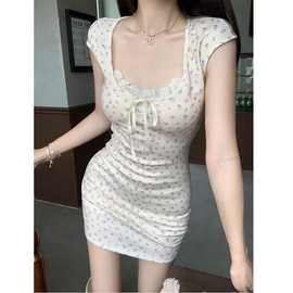 跨境TEMU希音SHEIN虾皮Shop纯欲U领碎花连衣裙女夏季性感包臀短裙