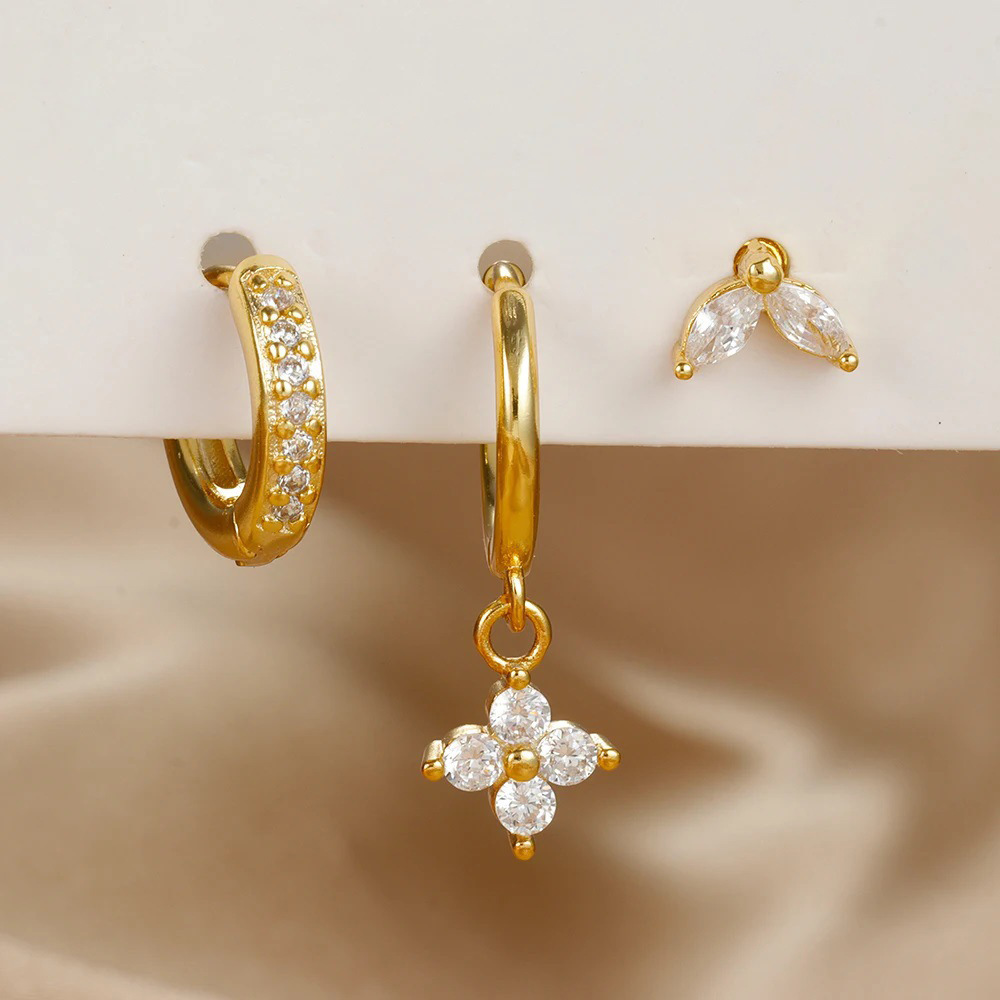 希音亚马逊热销水晶花朵耳圈耳坠几何高级感软骨穿孔耳环套装耳饰