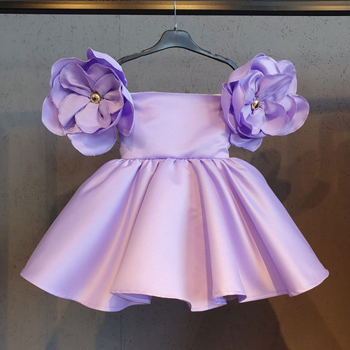 Solid-color Children's Wear Dress with Off-Shoulder Design, Vintage Floral Style—Inspired by Instagram, Perfect for Girls' Party or Ceremony