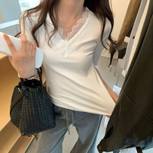 一件代发夏季莫代尔260克气质性感蕾丝v领内搭短袖t恤女式打底衫
