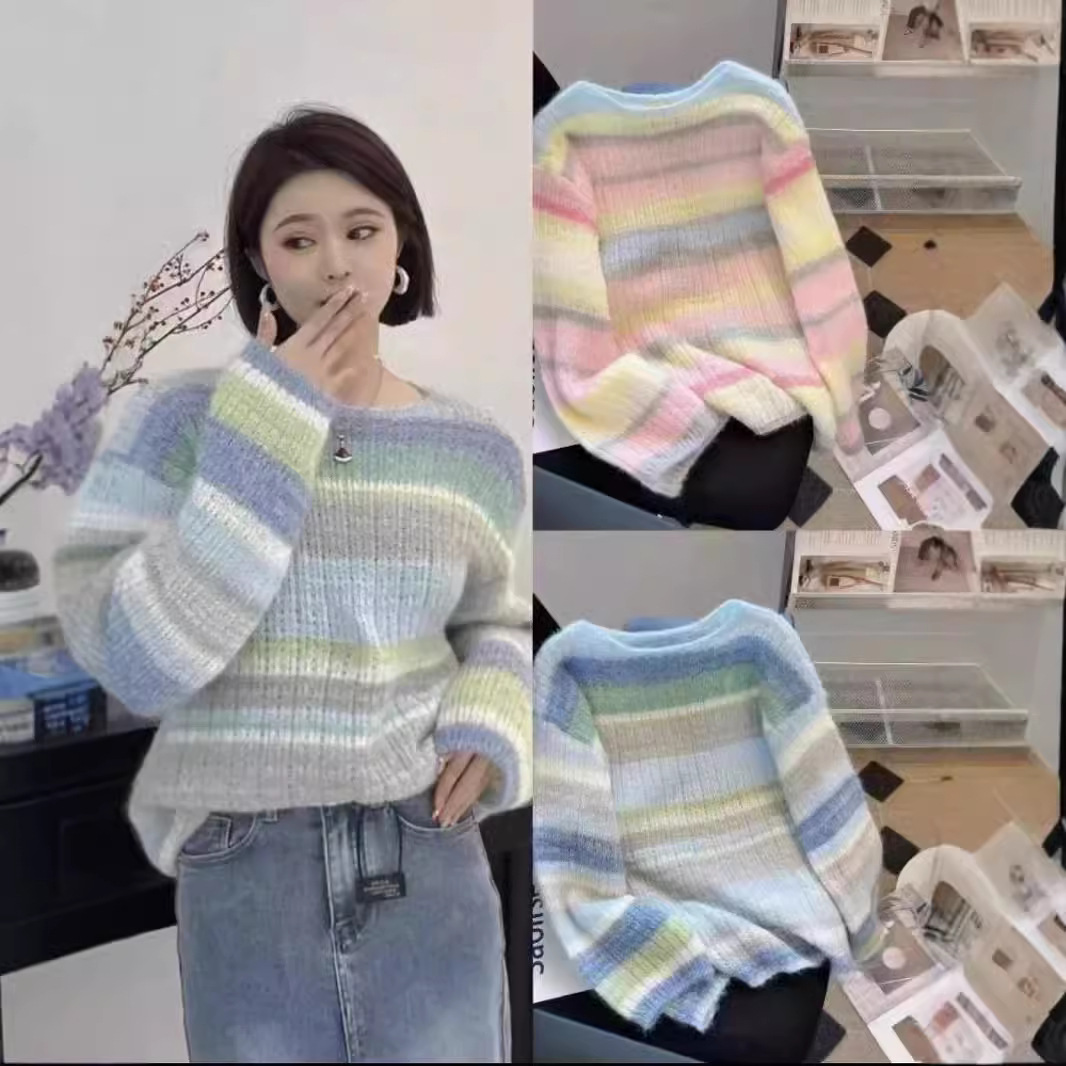 【 Cashmere Family】 Maglione da donna in maglia morbida e appiccicosa a righe arcobaleno, girocollo corto in lana, strato interno_voghion.com