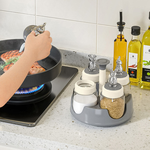 Rotating seasoning box set rabbit seasoning jar kitchen storage salt shaker sealed moisture-proof household seasoning box glass bottle