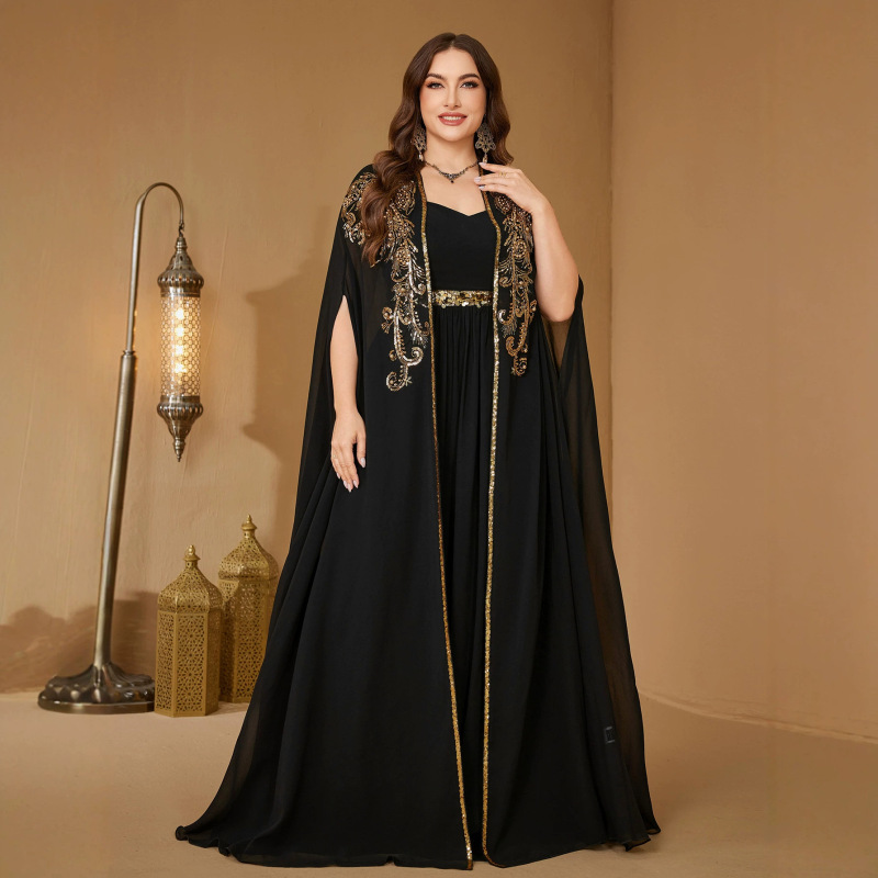 Plus-Size V-Neck Chiffon Gown with Intricate Embroidery and Extra-Long Flutter Sleeves