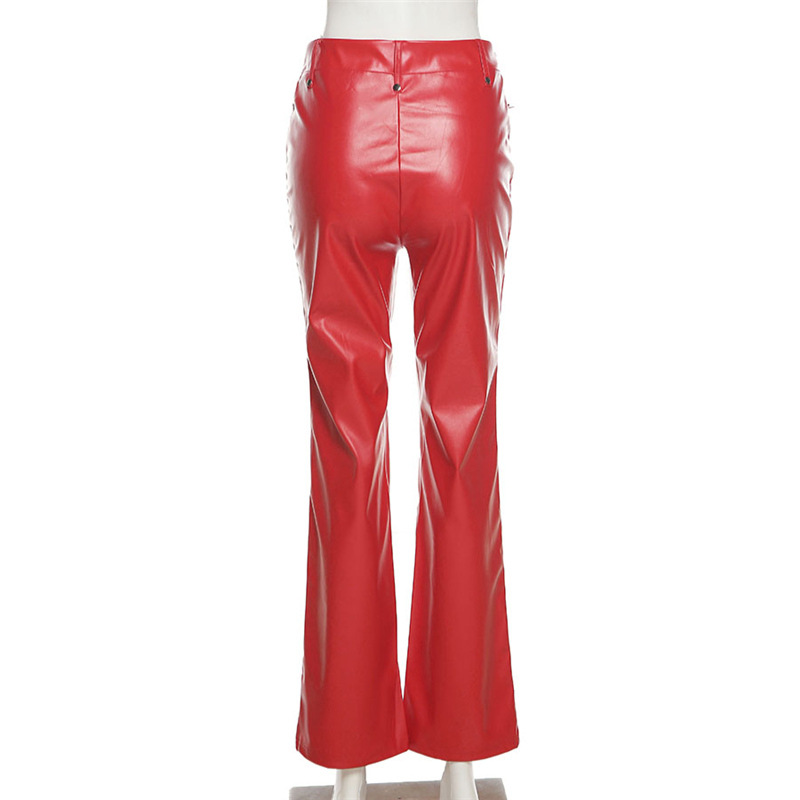 High Waist Hollow Straped Pu Women Trousers