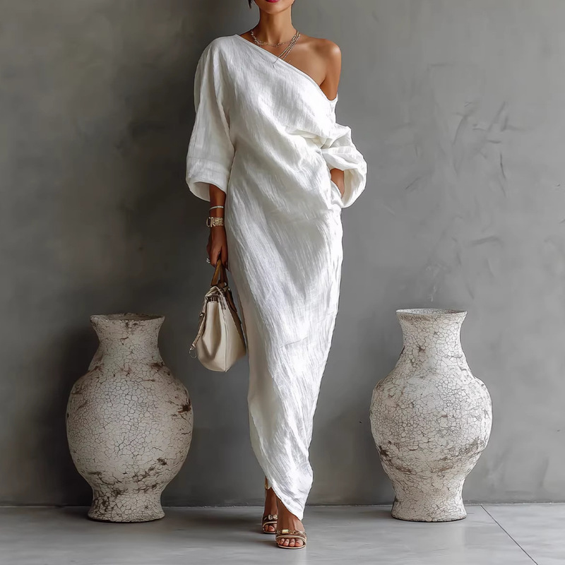 2026 Cross-Border European and American Spring and Summer New Fashion High-End Women's Long-Sleeve Off-Shoulder Long Dress Mid-Waist Pullover Dress 2026 Cross-Border European and American Spring and Summer New Fashion High-End Women's Long-Sleeve Off-Shoulder Long Dress Mid-Waist Pullover Dress