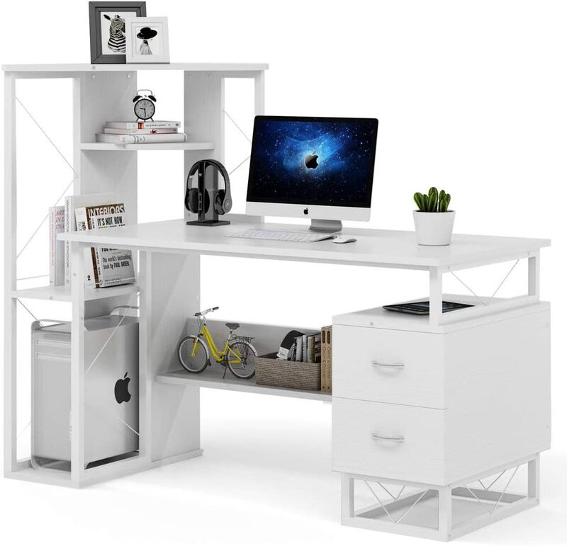 Computer Desk with Drawer Functional Writing Desk with Corner Tower Shelves Can Be Used as Small Workbench for Home Office